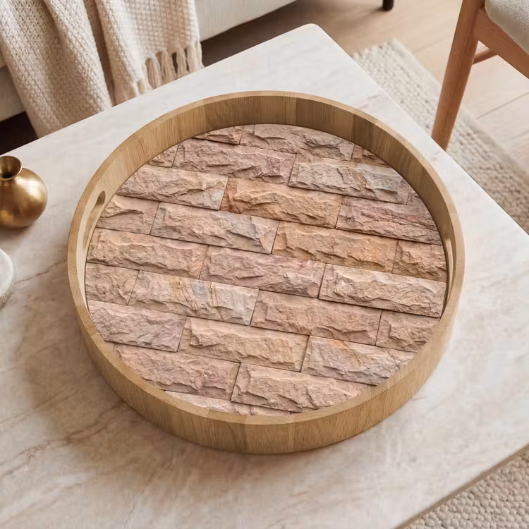 Muur - Steen - Ruw - Textuur - Beige Dienblad Rond middel -sfeer1