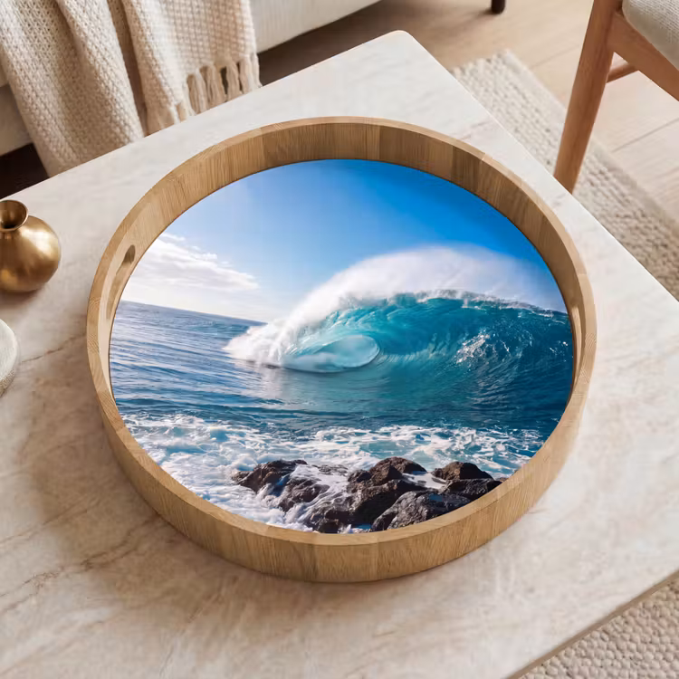 Golf - Oceaan - Brekend - Water - Blauw Dienblad Rond middel -sfeer1