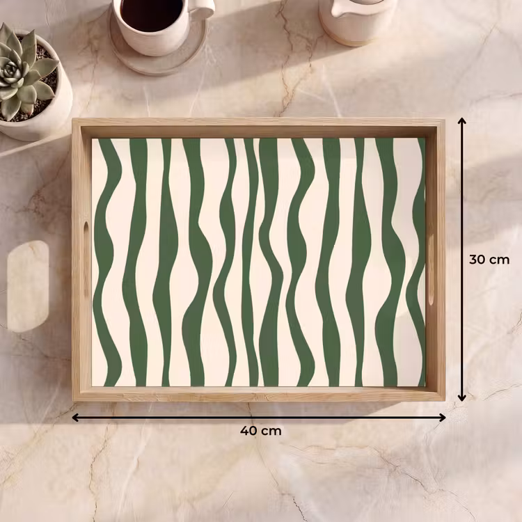 Golvende lijnen - Beige - Groen - Strepen - Abstract Dienblad Rechthoek middel -USP_Formaat