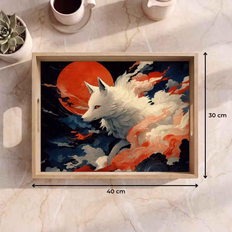 Witte vos - wolken - maan Dienblad Rechthoek middel -USP_Formaat