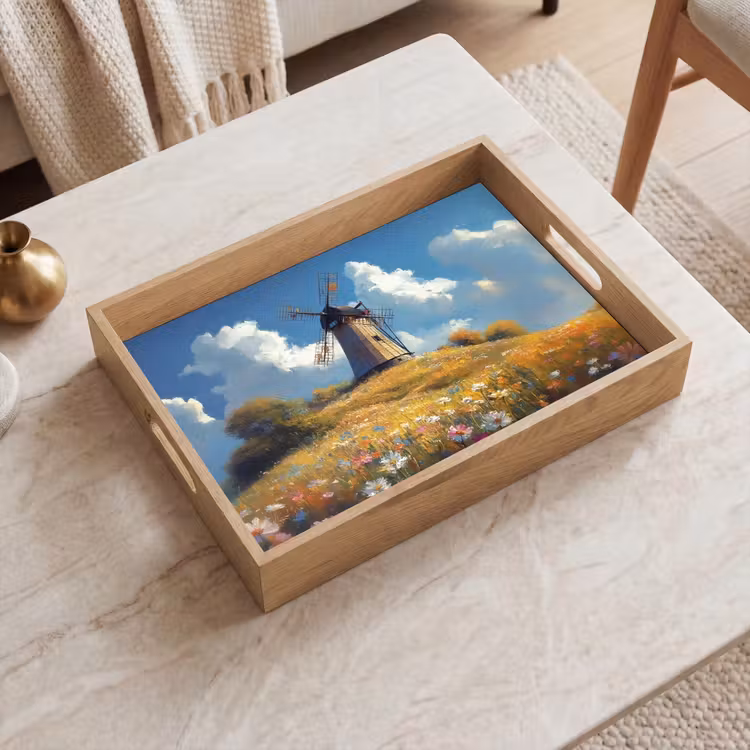 Windmolen - Heuvel - Bloemen - Kleurrijk Dienblad Rechthoek middel -sfeer1