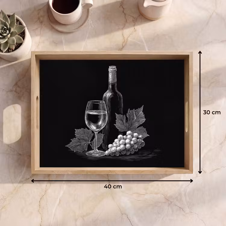Wijnfles - Glas - Druiven - Bladeren Dienblad Rechthoek middel -USP_Formaat