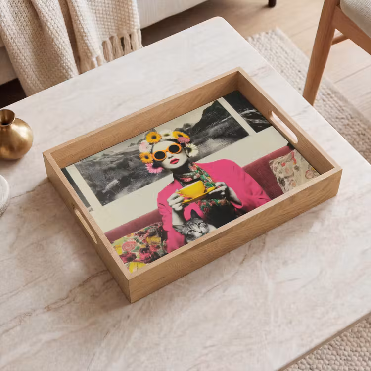 Vrouw - Kat - Bloemen - Kopje - Retro Dienblad Rechthoek middel -sfeer1