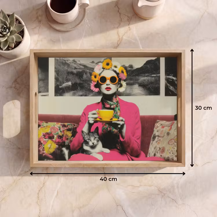 Vrouw - Kat - Bloemen - Kopje - Retro Dienblad Rechthoek middel -USP_Formaat