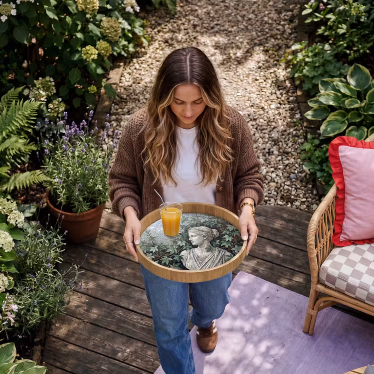 Vrouw - Klassiek - Mozaiëk - Natuur - Groen Dienblad Rond middel -sfeer5