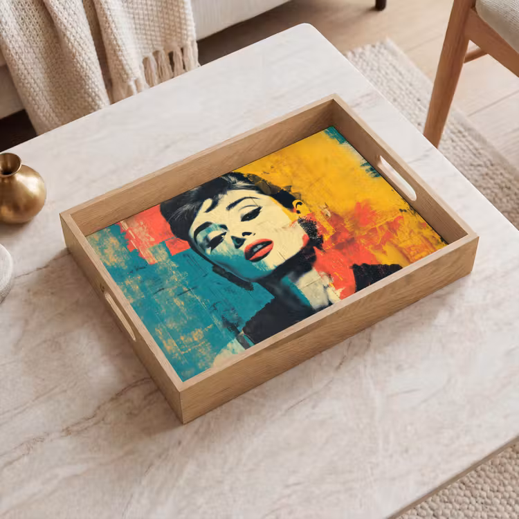 Vrouw - Rode lippen - Expressief - Grafisch Dienblad Rechthoek middel -sfeer1