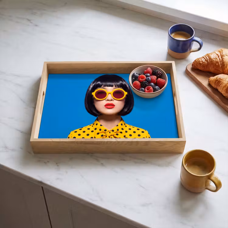 Vrouw - Zonnebril - Pop Art - Portret - Geel Dienblad Rechthoek middel -sfeer2