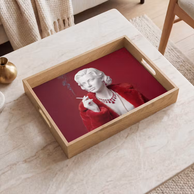 Vrouw - Bontjas - Mode - Klassiek - Rood Dienblad Rechthoek middel -sfeer1