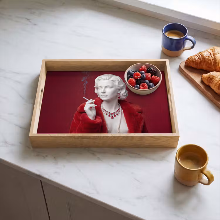 Vrouw - Bontjas - Mode - Klassiek - Rood Dienblad Rechthoek middel -sfeer2