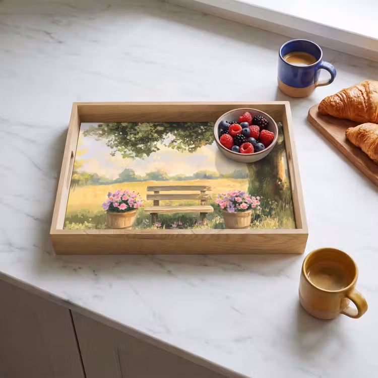 Houten bankje - Bloempotten - Landschap Dienblad Rechthoek middel -sfeer2