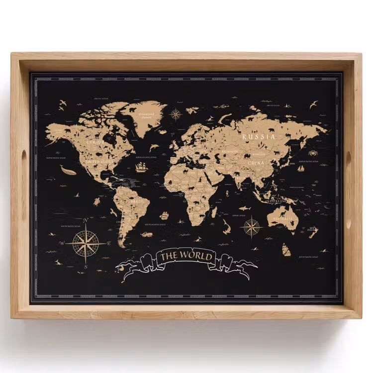 Wereldkaart - Beige - Zwart Dienblad Rechthoek middel -z3d_shopping