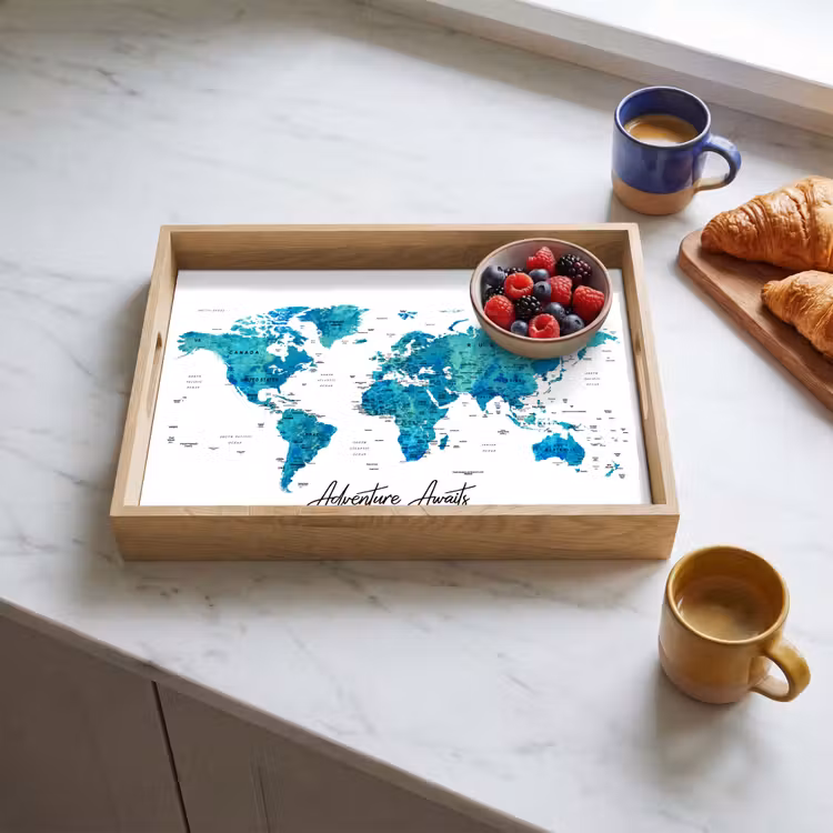 Wereldkaart - Blauw - Kleurrijk Dienblad Rechthoek middel -sfeer2