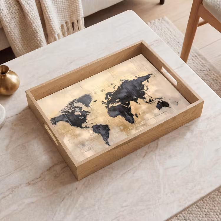 Wereldkaart - Goud - Zwart - Abstract Dienblad Rechthoek middel -sfeer1