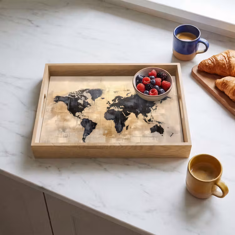 Wereldkaart - Goud - Zwart - Abstract Dienblad Rechthoek middel -sfeer2