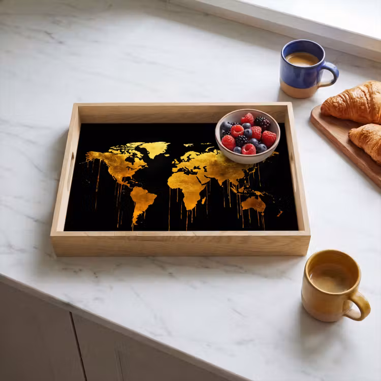Wereldkaart - Goud - Druipen - Zwart Dienblad Rechthoek middel -sfeer2