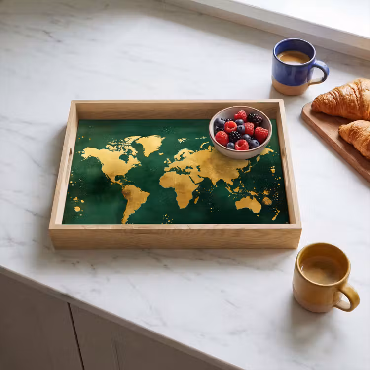 Wereldkaart - Groen - Goud Dienblad Rechthoek middel -sfeer2
