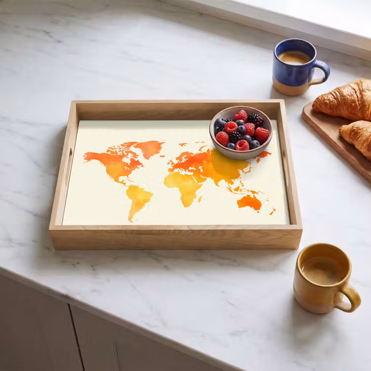 Wereldkaart - Oranje - Kleurrijk Dienblad Rechthoek middel -sfeer2