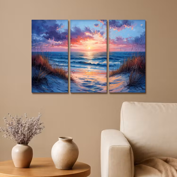 Strand - Blauw - Verf - Paars Canvas - Meerluiken 3 luik klein -sfeer1