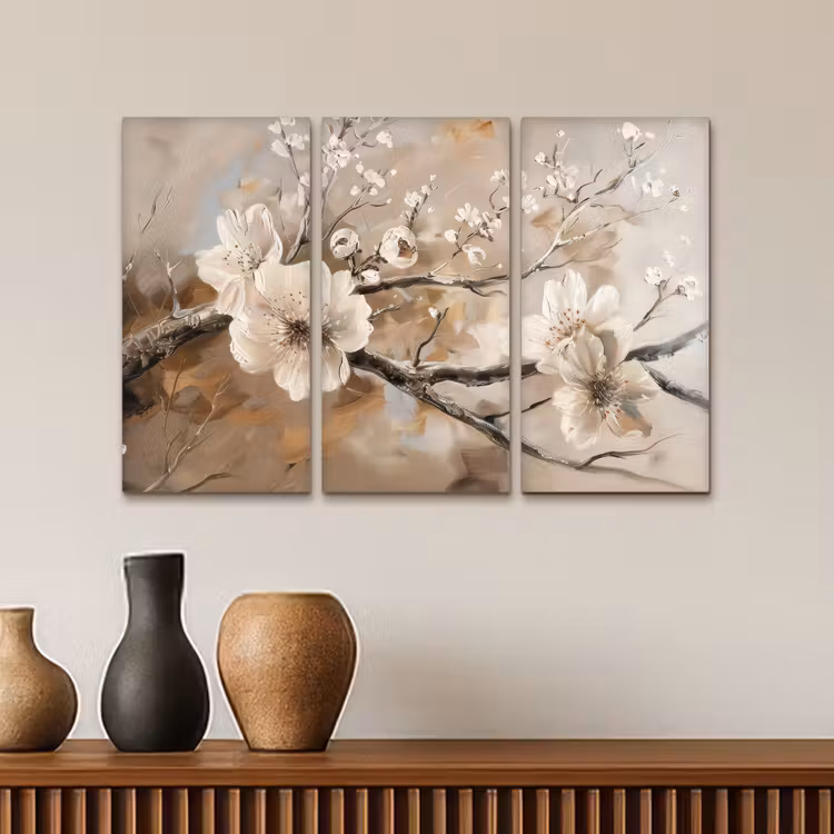 Bloesem - Beige - Abstract - Bloemen Canvas - Meerluiken 3 luik klein -sfeer3