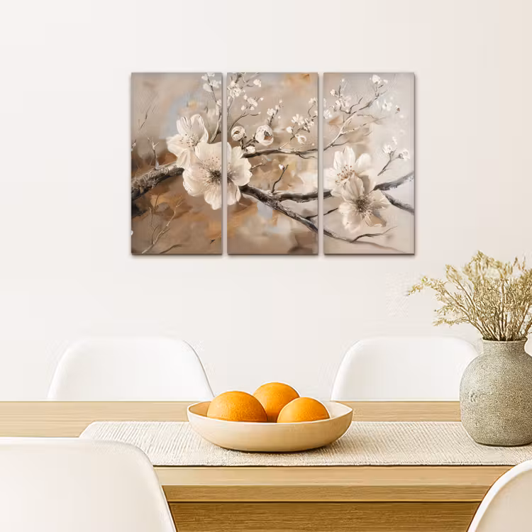 Bloesem - Beige - Abstract - Bloemen Canvas - Meerluiken 3 luik klein -sfeer4