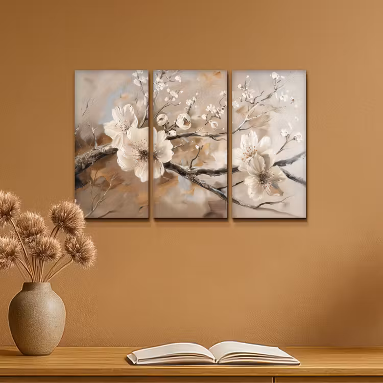 Bloesem - Beige - Abstract - Bloemen Canvas - Meerluiken 3 luik klein -sfeer5