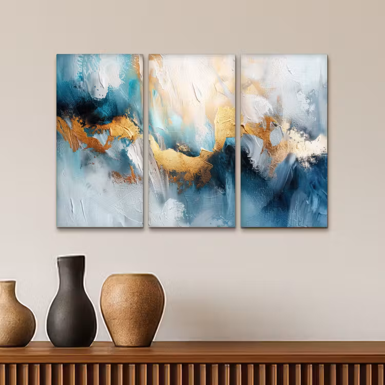 Blauw - Abstract - Wit - Goud - Verf Canvas - Meerluiken 3 luik klein -sfeer3