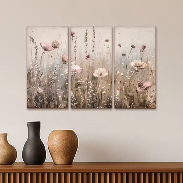 Bloemen - Beige - Modern - Roze Canvas - Meerluiken 3 luik klein -sfeer3