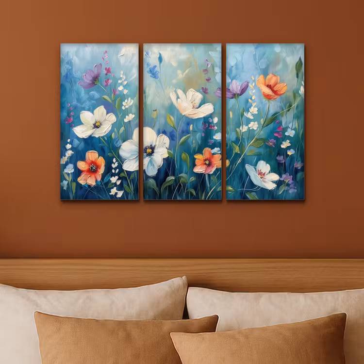 Bloemen - Kleurrijk - Blauw - Natuur Canvas - Meerluiken 3 luik klein -sfeer2