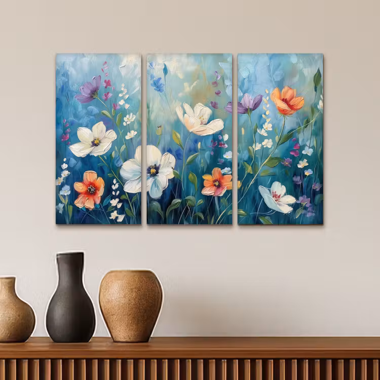 Bloemen - Kleurrijk - Blauw - Natuur Canvas - Meerluiken 3 luik klein -sfeer3