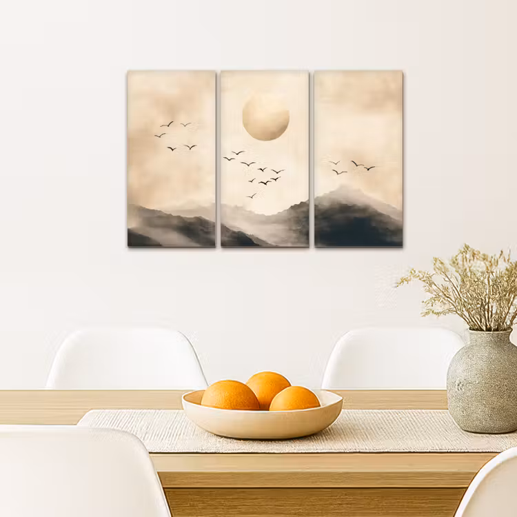 Landschap - Japandi - Beige - Vogels Canvas - Meerluiken 3 luik klein -sfeer4