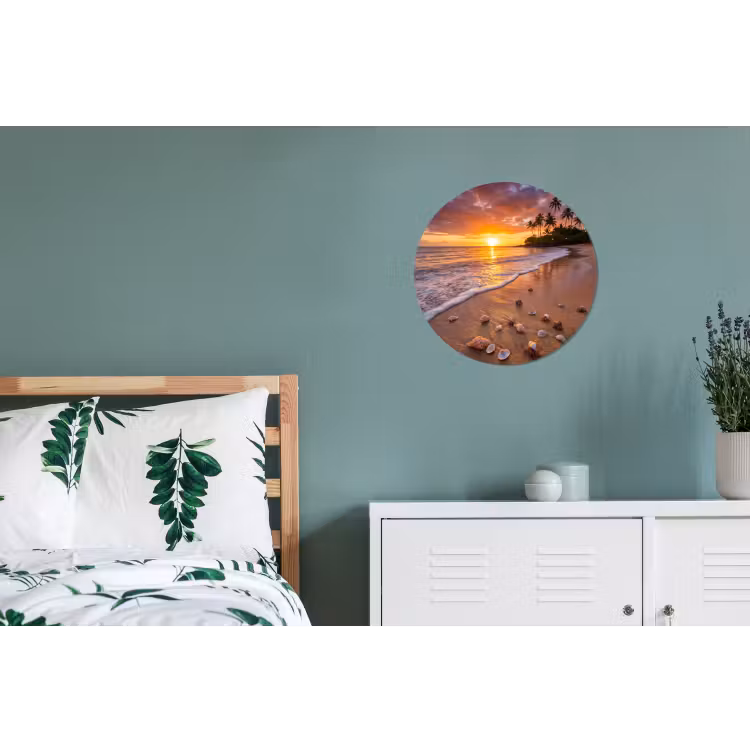 Strand - Zonsondergang - Palmbomen - Natuur - Oranje Wandcirkel aluminium klein -slaapkamer