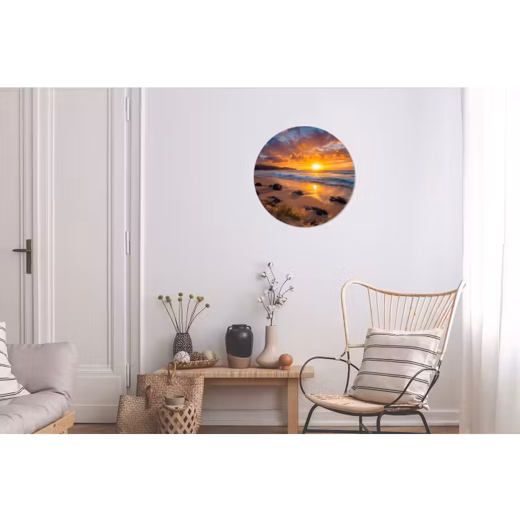 Strand - Zonsondergang - Golven - Natuur - Oranje Wandcirkel aluminium klein -woonkamer