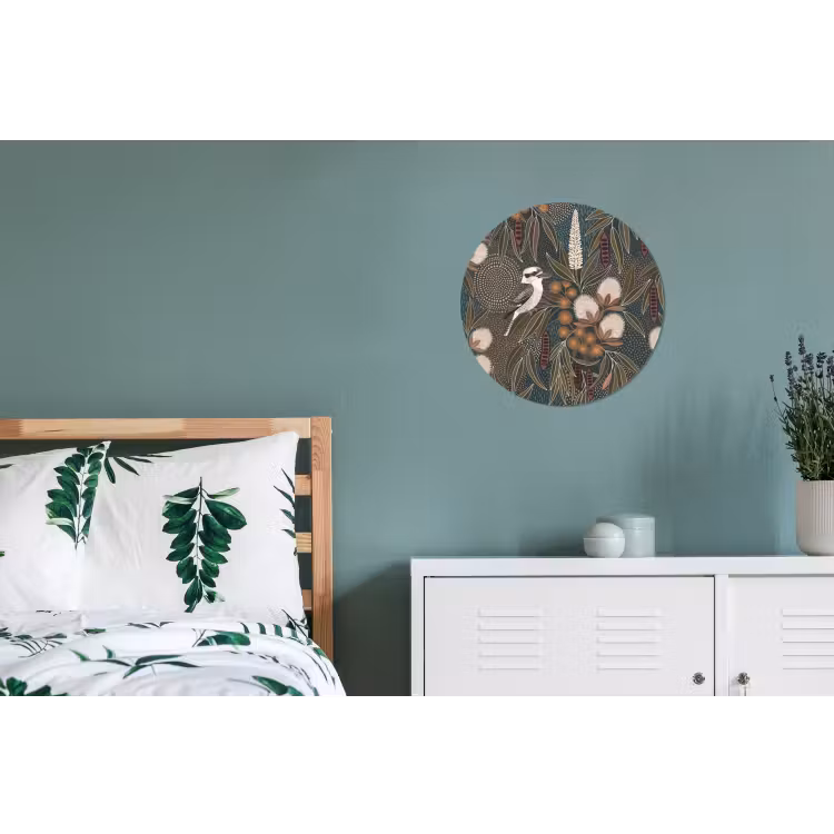 Vogel - Bladeren - Natuur - Illustratie - Groen Wandcirkel aluminium klein -slaapkamer