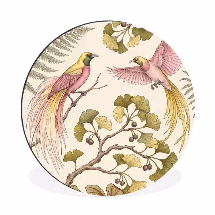 Vogels - Tropisch - Botanisch - Roze Wandcirkel aluminium klein -3d
