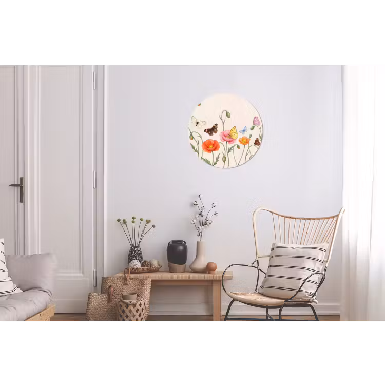 Vlinders - Klaprozen - Illustratie - Kleurrijk Wandcirkel aluminium klein -woonkamer