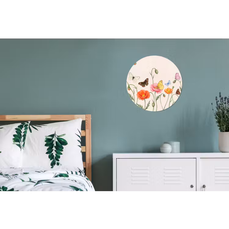 Vlinders - Klaprozen - Illustratie - Kleurrijk Wandcirkel aluminium klein -slaapkamer