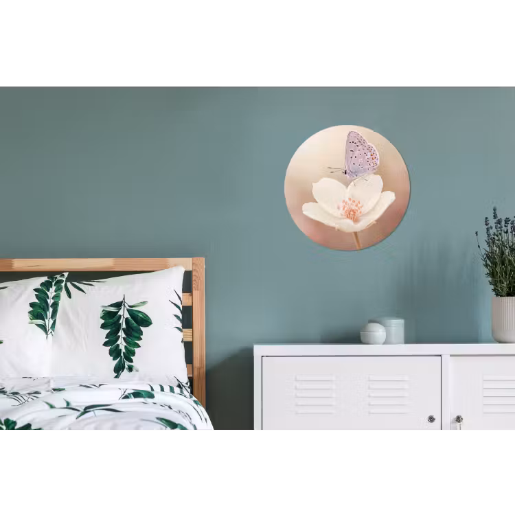 Vlinder - Bloem - Blauw Wandcirkel aluminium klein -slaapkamer