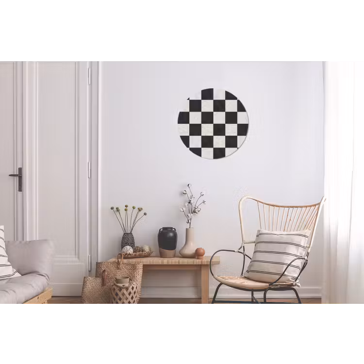 Dambord - Marmer - Zwart - Wit Wandcirkel aluminium klein 190 -woonkamer