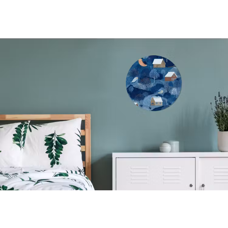 Huisjes - Vogels - Sneeuw - Winter - Blauw Wandcirkel aluminium klein 190 -slaapkamer