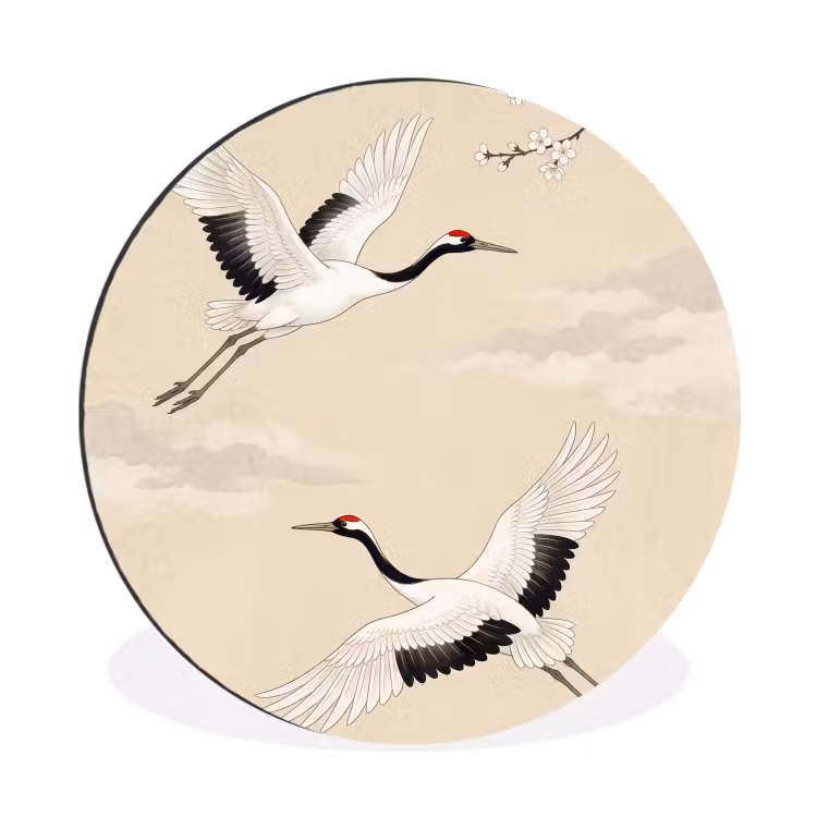 Kraanvogels - Bloesem - Beige Wandcirkel aluminium klein -3d