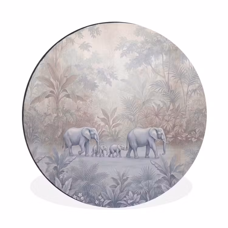 Olifant - Familie - Jungle - Illustratie - Grijs Wandcirkel aluminium klein -3d