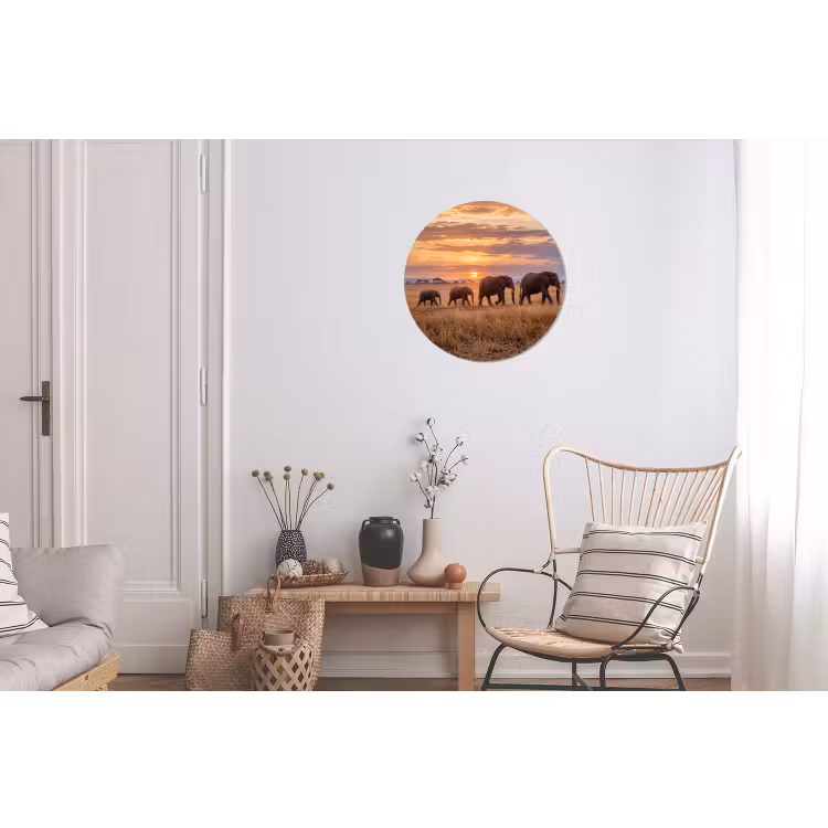 Olifanten - Savanne - Zonsondergang - Afrika - Warm Wandcirkel aluminium klein -woonkamer