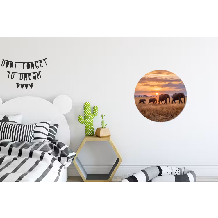 Olifanten - Savanne - Zonsondergang - Afrika - Warm Wandcirkel aluminium klein -kinderkamer