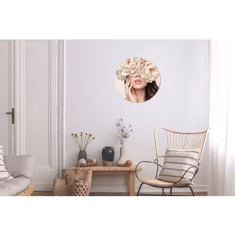 Gezicht - Pioenrozen - Crème Wandcirkel aluminium klein -woonkamer