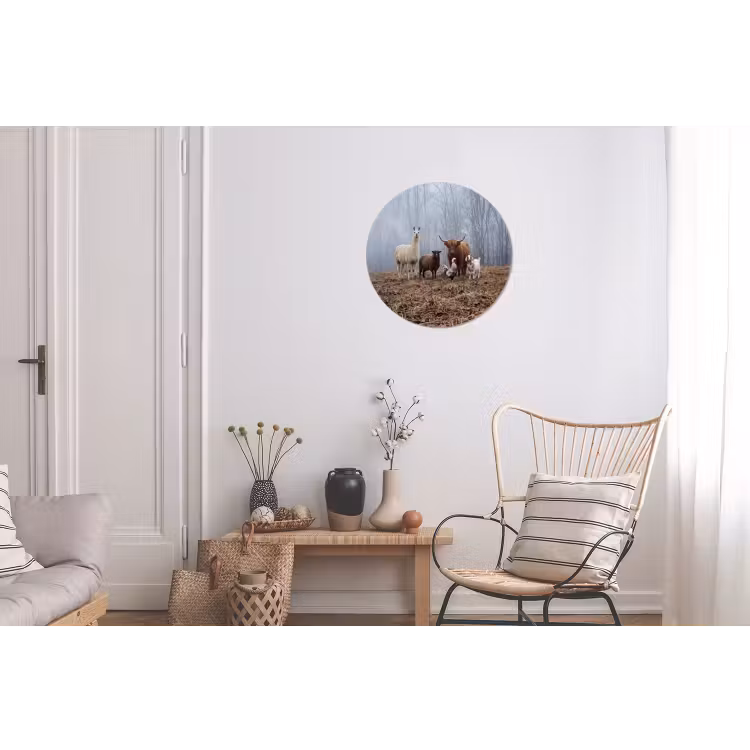 Boerderijdieren - Groep - Mist - Natuur - Rustiek Wandcirkel aluminium klein -woonkamer