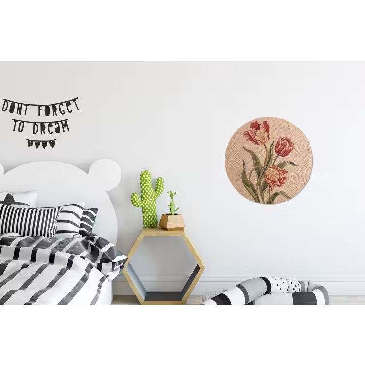 Bloemen - Mozaïek - Rood - Groen - Kunst Wandcirkel aluminium klein -kinderkamer