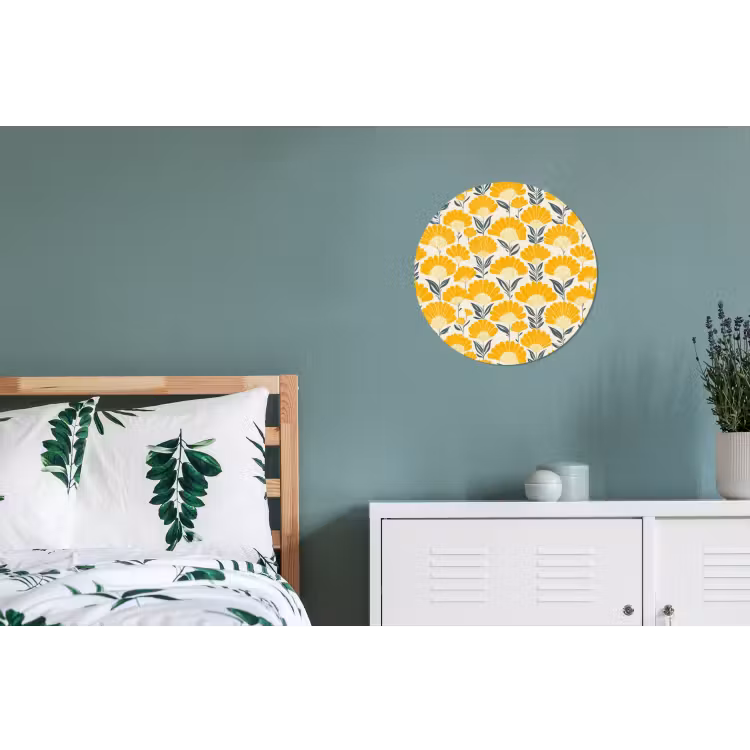 Bloemen - Retro - Botanisch - Okergeel - Grijs Wandcirkel aluminium klein 190 -slaapkamer