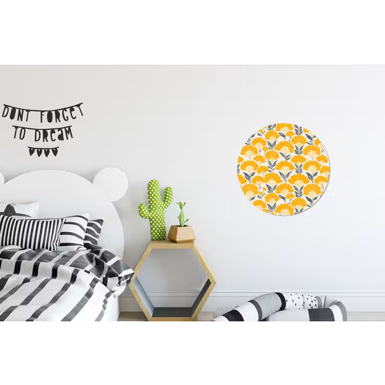 Bloemen - Retro - Botanisch - Okergeel - Grijs Wandcirkel aluminium klein 190 -kinderkamer
