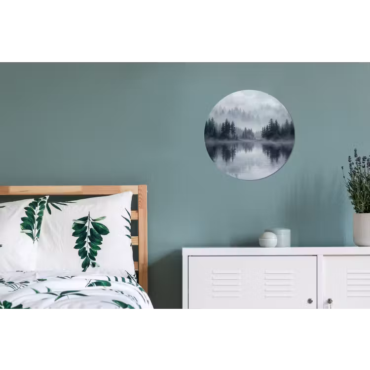 Bos - Meer - Mist - Natuur - Grijs Wandcirkel aluminium klein -slaapkamer