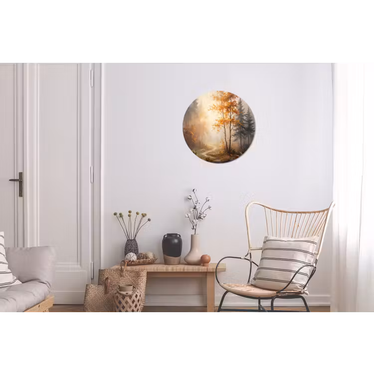 Bospad - Herfstbladeren - Natuur - Schilderachtig - Oranje Wandcirkel aluminium klein -woonkamer